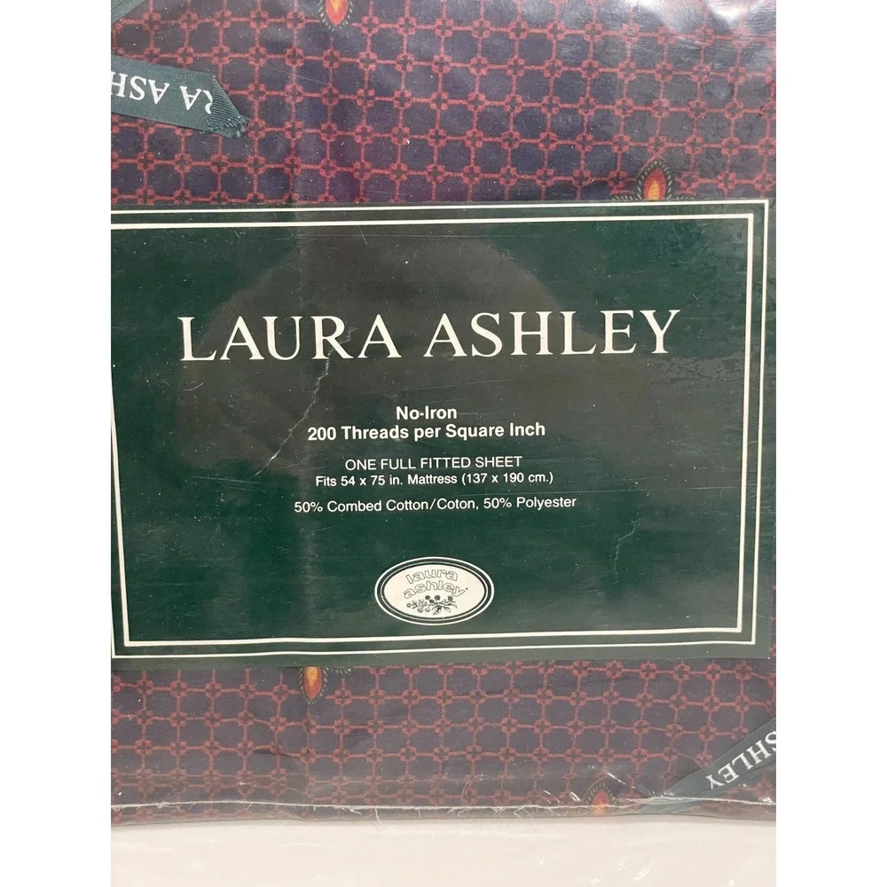Vintage Laura Ashley Hamilton Full/Double‎ Sheets Fitted Flat Navy Burgundy New
